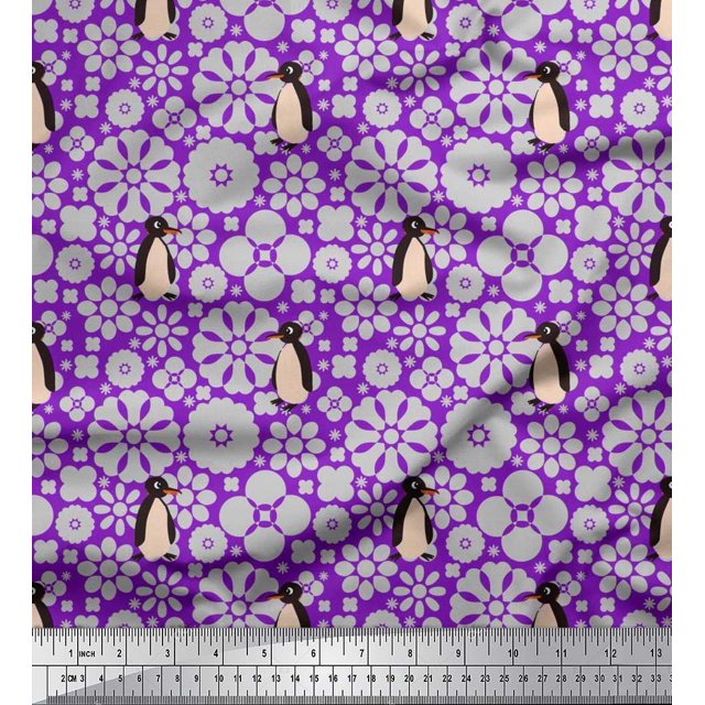Soimoi Rayon Crepe Fabric Floral & Penguin Ocean Decor Fabric Printed Yard 46 Inch Wide