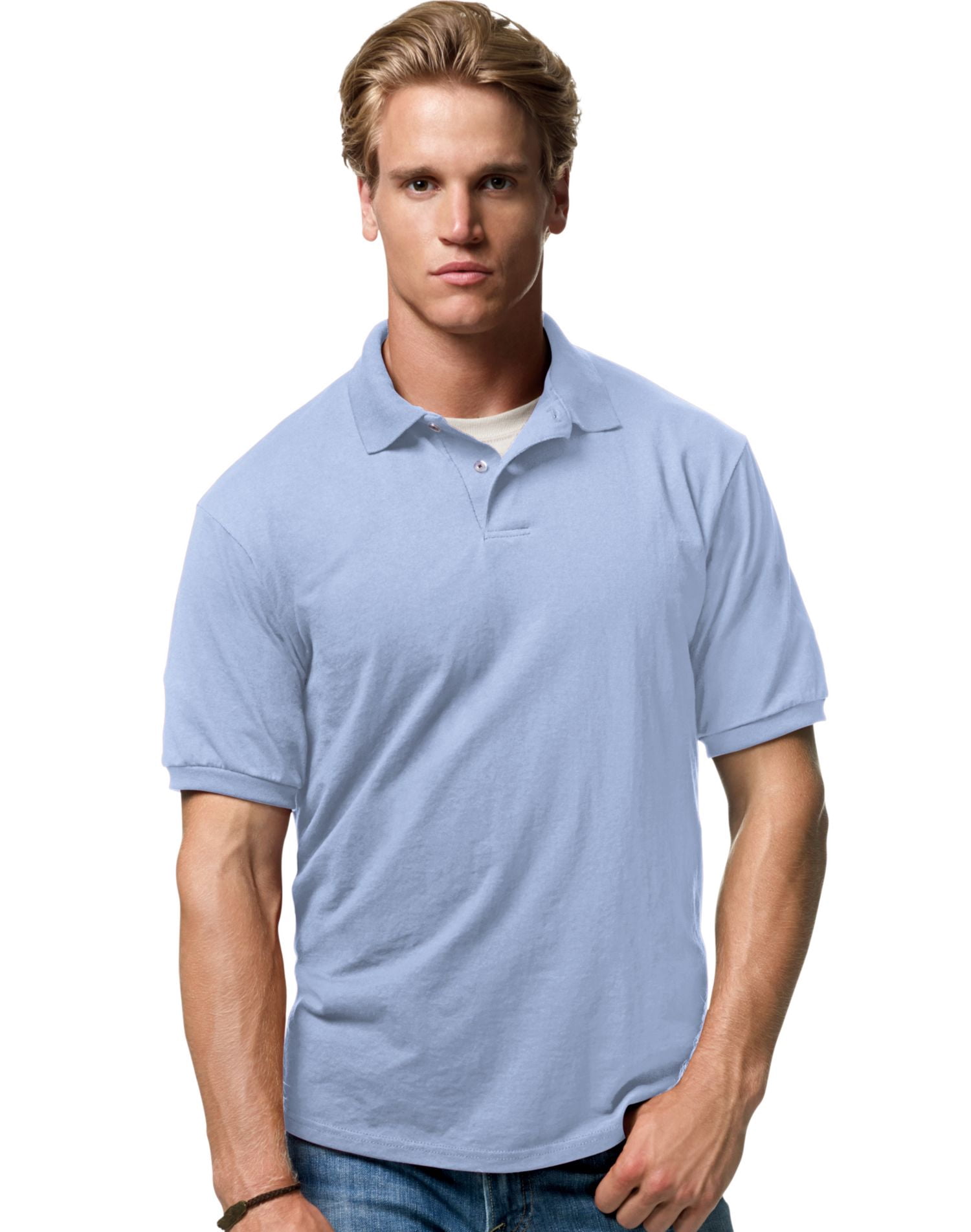 Hanes Cotton-Blend Men`s Jersey Polo, S, Light Blue