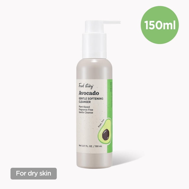Food Story Avocado Gentle Softening Cleanser in a 150 mL pump bottle with beige label and avocado graphic, a plant-based, fragrance-free gel cleanser that moisturizes and supports skin barrier, ideal for dry skin.
