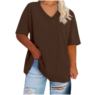 cfhntfmh T-Shirts à Col en V pour Femmes Grande Taille Été Manches Courtes Amples Confortables Hauts Décontractés T-Shirts Doux Basiques Tunique