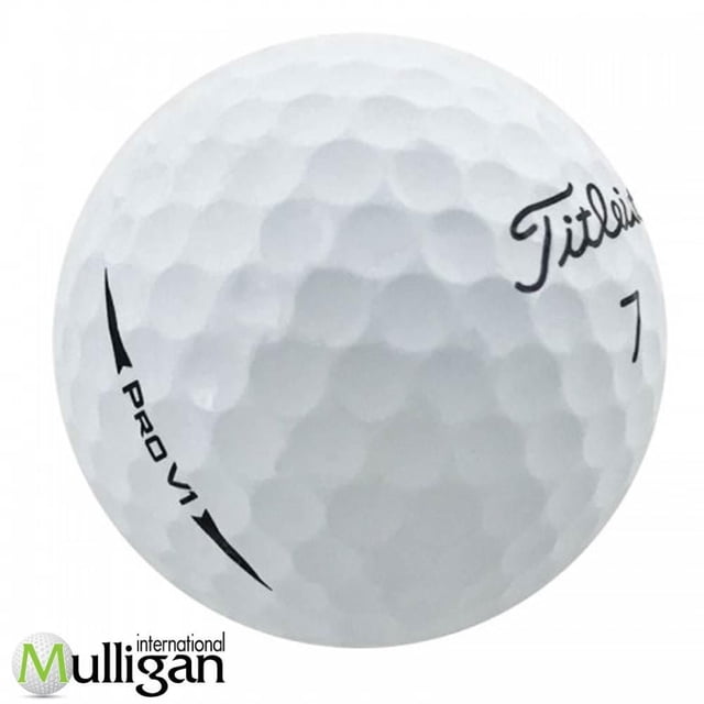 Mulligan - 60 Titleist Prov1 2018 5A Recycled Used Golf Balls showing a close-up of a white dimpled golf ball with black Titleist logo, number 7, and PRO V1 branding, designed for long distance, soft feel, and near-green control in golf.