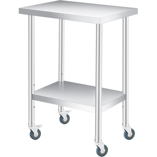 YUSAZENS Table de Rangement à Double Couche en Acier Inoxydable 201, Établi Mobile Chariot à Outils 18*24 Pouces+roues