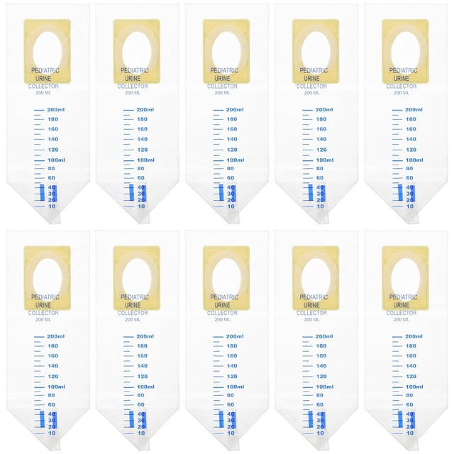 DEBGFS 20 Pcs Portable Urine Bag Pediatric Baby Collector Pee Sponge Plastic, transparent bags with blue measurement markings up to 200ml, adhesive openings for secure placement, ideal for pediatric urine collection. Displayed in a grid layout.