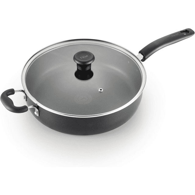 T-fal B238S374 Specialty non-stick 8/9.5/11inch frypan set featuring three fry pans in sizes 8 inches, 9.5 inches, and 11 inches. The pans include a durable ProGlide nonstick coating, even heat bases, and a Thermo-Spot indicator for precise preheating. Designed with riveted stay-cool handles for comfort and safety, these pans are suitable for all stove tops except induction, oven safe up to 350°F, and dishwasher safe. Multicolour finish.