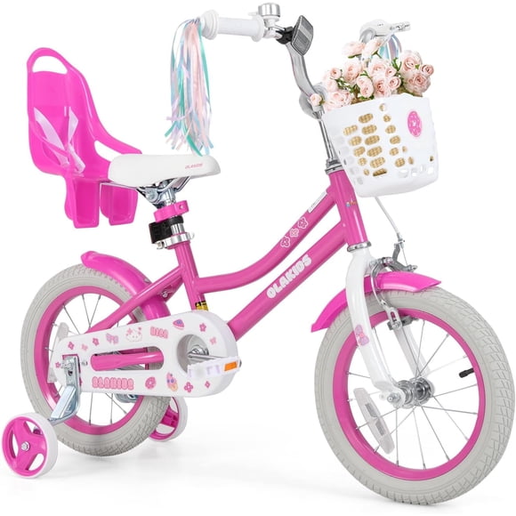 OLAKIDS Vélo 12 Pouces pour Tout-Petits, avec Stabilisateurs, Siège pour Poupée, Panier, Selle et Guidon Réglables, Frein à Main et Frein à Rétropédalage, Vélo pour Filles
