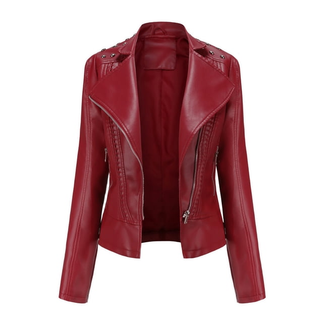 WEIYLL Womens Fleece Jackets Leather Motorcycle Short Lightweight Pleather Crop Wine Cold Weather Tops Size S