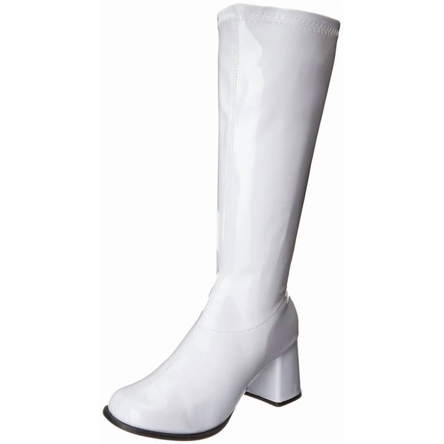 White Gogo Womens Costume Boots in size 9, featuring a faux patent leather upper with a glossy finish, a chunky heel, and a textured anti-skid sole. The boots have a zipper on the inner side for easy access and are designed in a retro 60s and 70s style, ideal for disco or costume events.