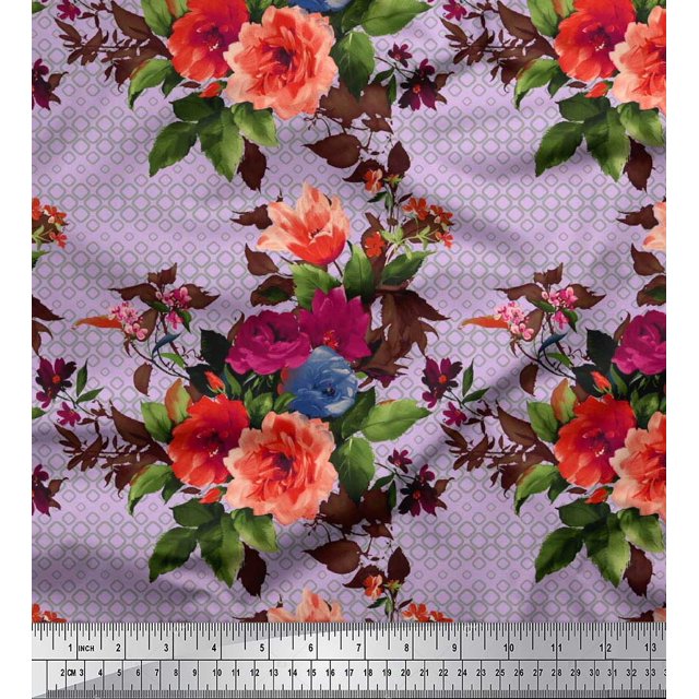 Soimoi Rayon Fabric Geometric,Leaves & Peony Floral Printed Fabric 1 Yard 42 Inch Wide
