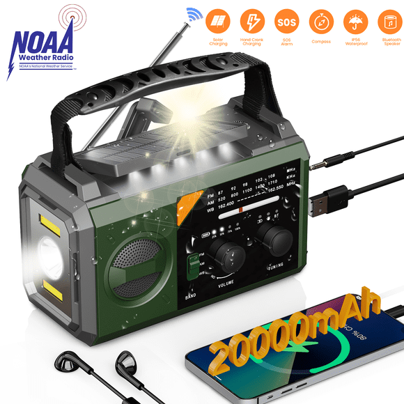 AUOSHI Radio Météo 20000mAh, Radio d'Urgence NOAA/AM/FM avec Charge USB/solaire/à Manivelle, Lampe de Poche, Alarme SOS, Boussole, à Piles pour la Préparation aux Ouragans