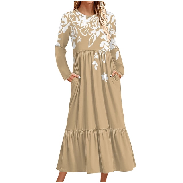 Erwazi Robe Midi à Manches Longues et Col Ras du Cou pour Femme, Plissée, à Étages, Coupe Trapèze Fluide, Printemps Automne, Robe Décontractée avec Poches