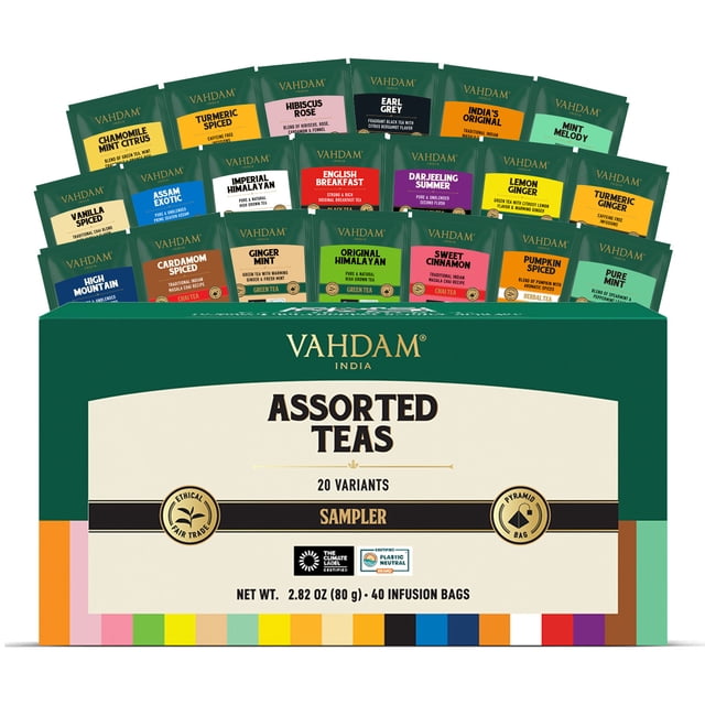 VAHDAM Assorted Teas Gift Set with 20 Flavors of 2 Servings Each Including Black Tea, Green Tea, Oolong Tea, Turmeric Tea, White Tea, Herbal Tea & Chai Tea - Total of 40 Tea Bags