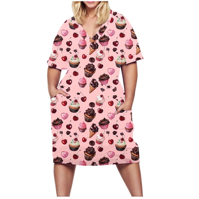 Ovzne Robes pour Femmes Robe de Plage Robe pour Femmes Grande Taille Style Mignon Imprimée Ample Décontractée à Manches Courtes Col en V Longueur Genou Robe de Printemps à Manches Courtes Imprimée Liquidation
