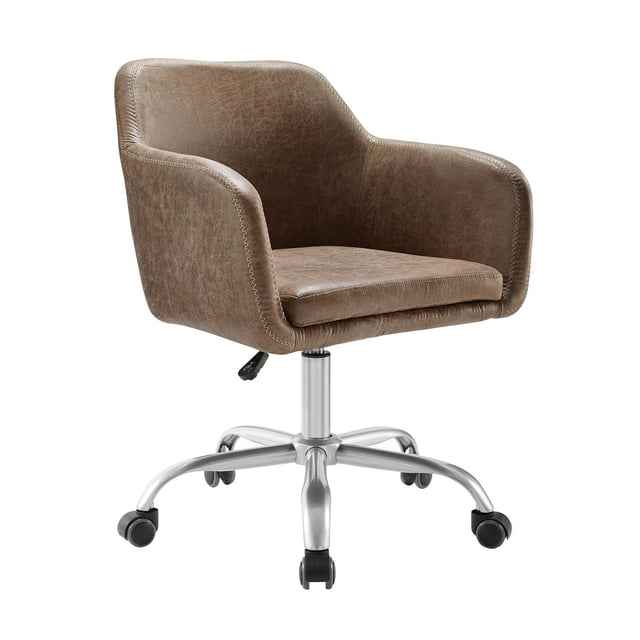 Tate Office Chair, Brown, featuring rustic brown faux leather upholstery with white zig-zag stitching, wide back and high arms, thick cushioned seat, adjustable seat height from 18.5 to 22.5 inches, and a silver metal base with black double wheel casters for smooth office mobility.