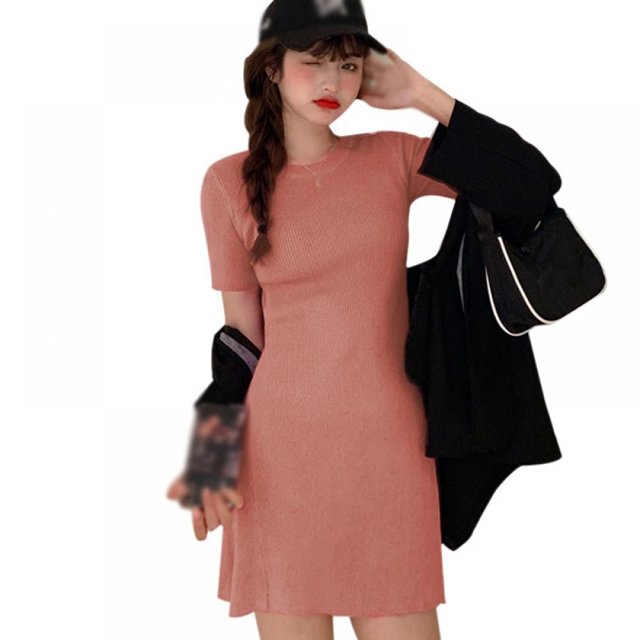 MesaSe Spring And Summer Simple Dress Fresh Slim Neck Knitted Short Skirt