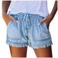 thumbnail image 1 of LLYWEY Womens Jeans Shorts, Ladies Ribbed Distressed Denim Shorts, Drawstring Elastic Waist Women Cut Off Jeans with Pockets, Style ST-22, Light Blue, XS, 1 of 6