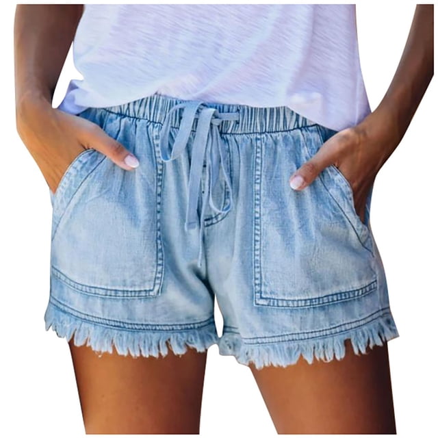 LLYWEY Womens Jeans Shorts, Ladies Ribbed Distressed Denim Shorts, Drawstring Elastic Waist Women Cut Off Jeans with Pockets, Style ST-22, Light Blue, XS