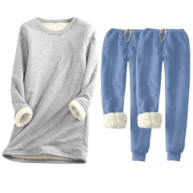 Pisexur Ensembles 3 Pcs pour Femmes Hiver Chaud en Molleton Couleur Unie Survêtements Ensembles 1 Chandail à Col Rond +2 Pantalons de Pyjama Décontractés Pyjamas Surdimensionnés pour Femmes Ensemble P-5TG