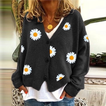 LOVZFMLL Cardigan pour Femmes Mode Hiver Décontracté à Imprimé Floral Manches Longues Cardigan Tricoté Chandail Manteau