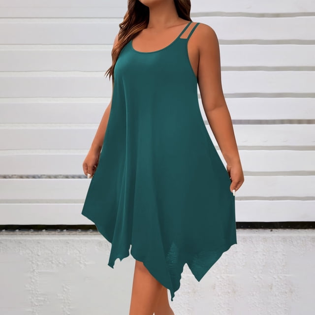 Ounisa Robe Camisole Midi Fluide Sans Manches à Encolure Dégagée et Ourlet Asymétrique pour Femme Grande Taille