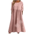 thumbnail image 1 of Robe Longue d'Été pour Femmes en Coton et Lin Grande Taille, Col Ras du Cou, Décontractée, Ample, Tunique, Robe T-Shirt, Robe de Printemps avec Poches, 1 of 6