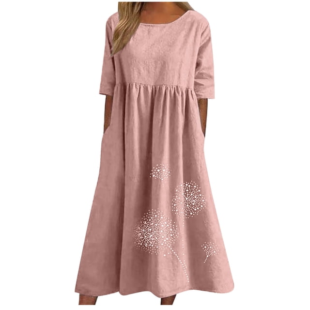 Robe Longue d'Été pour Femmes en Coton et Lin Grande Taille, Col Ras du Cou, Décontractée, Ample, Tunique, Robe T-Shirt, Robe de Printemps avec Poches