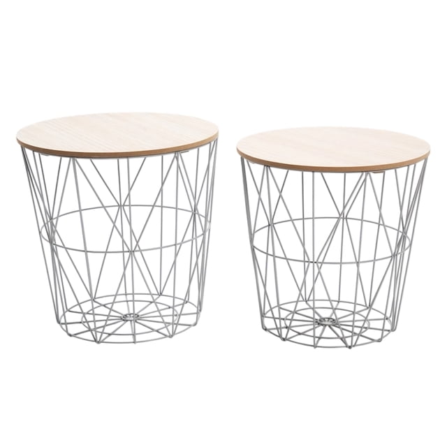 Set of 2 Round Nesting End Tables with Metal Storage Baskets in grey, featuring a modern design with wireframe bases and natural wood veneered tabletops. Includes a large and small table, ideal for living rooms, bedrooms, or as accent tables. Dual-purpose design allows for nesting or separate use, with spacious storage baskets for books, blankets, or decorative items.
