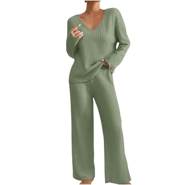 yoeyez Two Piece Womens Pajama Sets Ribbed Knit Comfy Long Sleeve Lounge Sets 2 Piece Matching Pj Sets with Pockets Long Pants Soft Sleepwear Green S