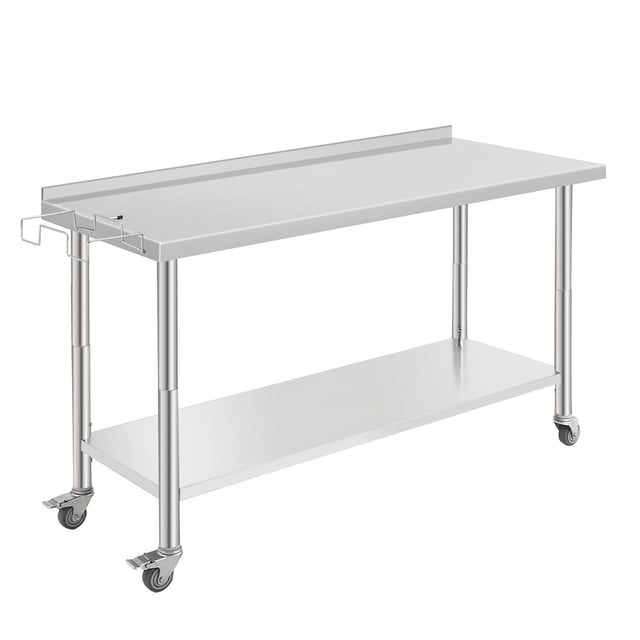 NSF Stainless Steel Work Table with Casters - 60x24x35 Inch - Adjustable Undershelf, Backsplash, Removable Waste Rack, Straight Edge, For Restaurant, Kitchen & Home