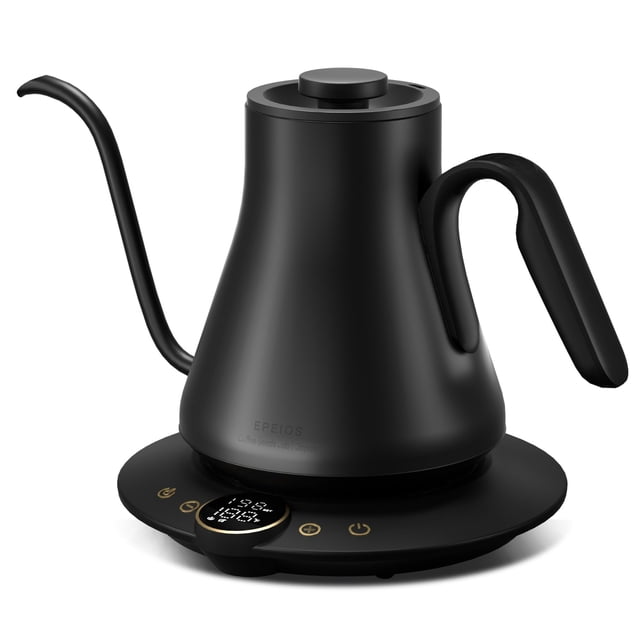 INTASTING Gooseneck Electric Kettle with ±1℉ Temperature Control for Pour Over Coffee & Tea, Quick Heating, BPA-Free Stainless Steel, Bu. Front-facing ebony black electric gooseneck kettle with 9mm slim spout, matte handle and corded base; digital display shows target temperature and built-in brew stopwatch, 100% stainless-steel interior per specs. Ideal for precision pour-over brewing and steeping loose-leaf tea, often used for small-batch hot-water tasks.