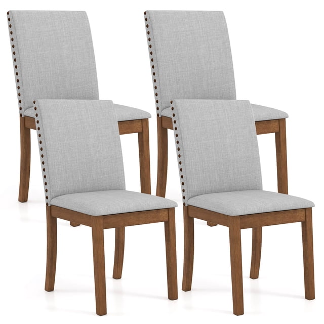 Costway Upholstered Dining Chairs Set of 4 with Nailhead Trim Rubber Wood Legs Padded Seat. These ash gray dining chairs feature breathable linen fabric upholstery, decorative nailhead trim, and sturdy walnut-colored rubber wood legs. Ergonomic high backrests and foam-padded seats ensure comfort and support. Perfect for dining rooms, kitchens, or banquet settings, these chairs enhance any dining furniture arrangement.
