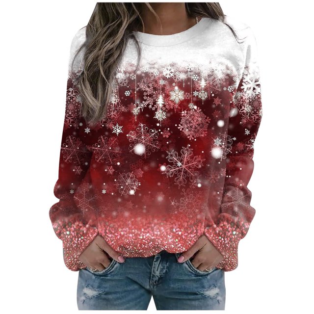IROINID Liquidation Chandails à Capuchon de Noël pour Femmes Imprimé Col Rond Chandail à Enfiler Hauts Manches Longues Blouse Confortable Chandail, Rouge