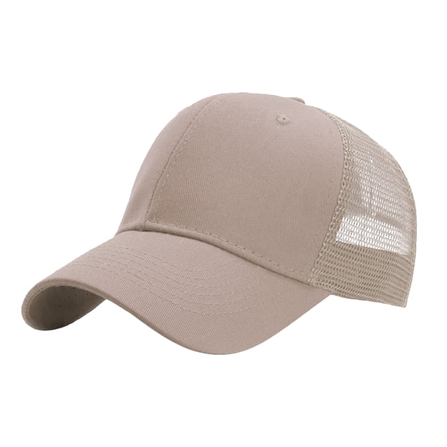 Aocisk Structured Trucker Baseball Cap in khaki with an adjustable six-panel design. Features a breathable mesh back panel for airflow and a snapback closure for a custom fit. Made from a blend of 50% fabric and 50% polyester, suitable for various head sizes with a circumference of 56-58 cm. Versatile for customization or everyday use.