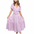 thumbnail image 1 of Birdeem Robe Décontractée Mode Femme Couleur Unie Col en V à Lacets Manches Évasées Robe à Empiècements, 1 of 6