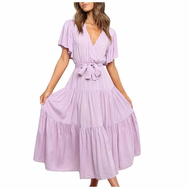 Birdeem Robe Décontractée Mode Femme Couleur Unie Col en V à Lacets Manches Évasées Robe à Empiècements