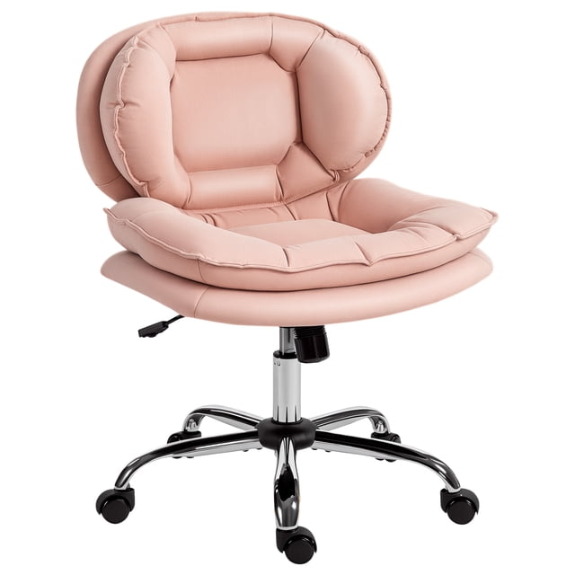 HOMCOM Chaise de Bureau à Croisillons avec Roues, Chaise de Bureau Grand Sans Accoudoirs, Rose. Conçue pour le Confort avec un Siège Grand et Coussiné Doté d'Un Rembourrage en Coton Style Poupée à Deux Niveaux pour s'Asseoir en Tailleur. Tissu en leathaire Rose Respirant Est Imperméable et Facile à Nettoyer. Comprend une Hauteur Réglable, une Fonction de Bascule Douce, un Pivotement à 360 Degrés et des Roues Silencieuses pour une Mobilité Fluide. base en Métal Électroplaquée Assure la Stabilité, la Rendant Idéale pour les Installations de Meubles de Bureau.