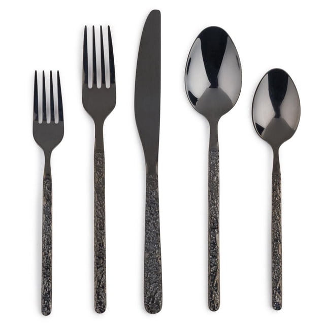 Thyme & Table Lumi Noir Ensemble de Coutellerie 20 Pcs, Service pour 4 Montrant Cinq Pièces Incluant Fourchette à Souper, Fourchette à Salade, Couteau à Souper, Cuillère à Soupe et Cuillère à Thé avec Poignées Texturées Noir Mat et Têtes Noires Polies, Convient aux Tables Modernes et Va au Lave-Vaisselle.