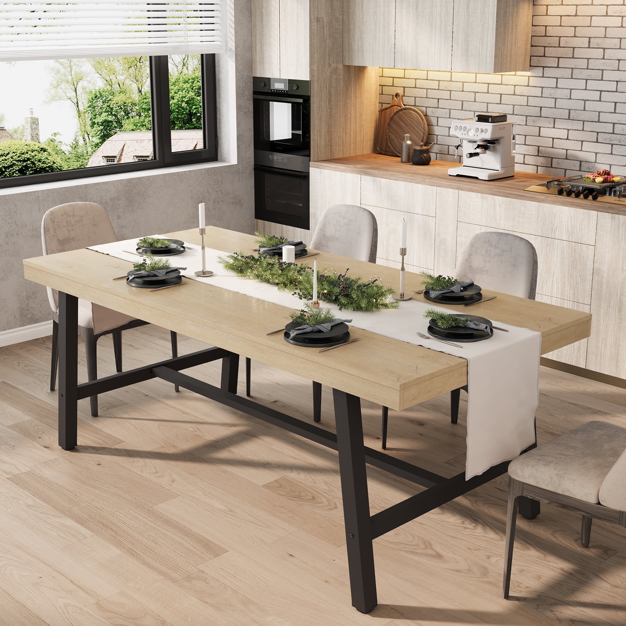 Industrial Dining Table for 6-8 People, 70.87" Long Kitchen Table with Sturdy Metal Frame, Rectangular Counter for Dinner, Kitchen, Dining Room (Wood, 71" Non-extendable)
