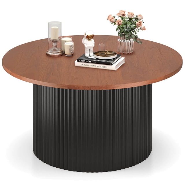 Costway Table Basse Ronde 32 Pouces Table à Thé avec Cadre en Bois Massif, Doté d'Une Finition à grain de Bois Naturel et d'Un Poteau de Soutien en Forme de Vague Noire. le Plateau Spacieux Est Style avec des Bougies, des Livres et un vase de Fleurs, Idéal comme Table d'Appoint Ou Table de cocktail pour Salons, Bureaux Ou Aires de Réception.