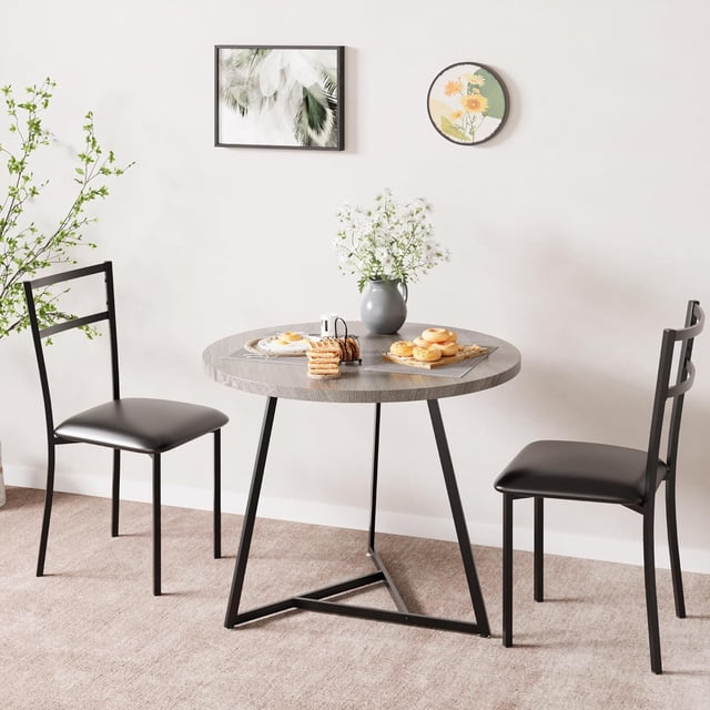 3-Piece Round Dining Set for 2 - Compact 31.4" Rustic Gray Kitchen Table with Upholstered Chairs, Space-Saving Breakfast Set for Small Spaces, Apartments & Studio Living