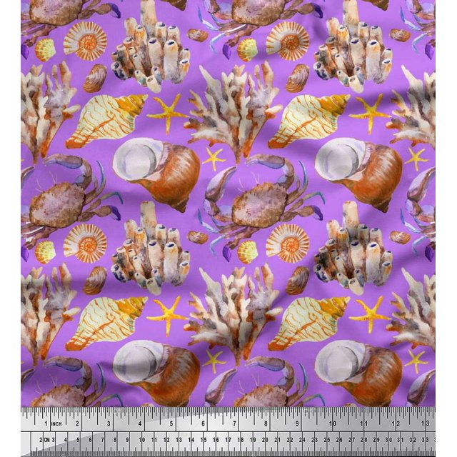 Soimoi Purple polyester Crepe Fabric Crab,Shell & Coral Ocean Decor Fabric Printed Yard 52 Inch Wide