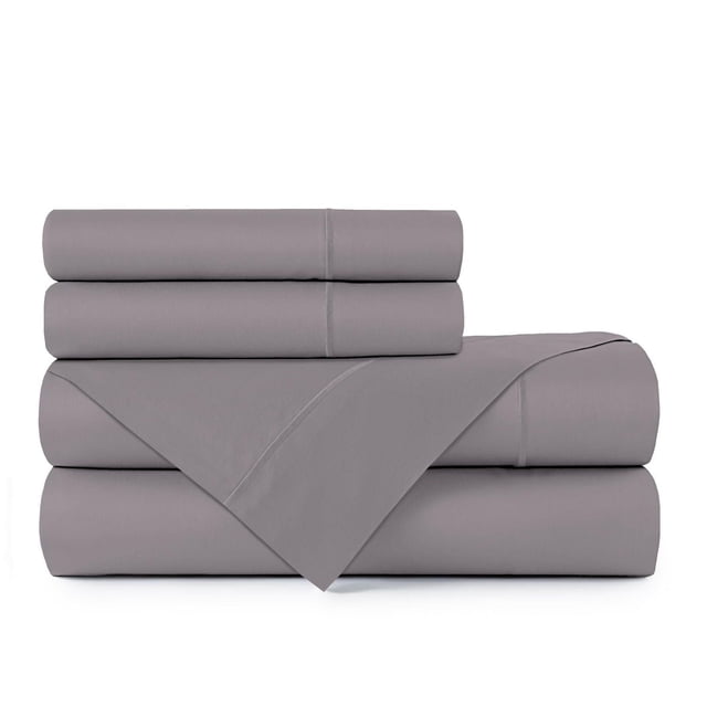 Johnson Home 300 TC Cotton Flat Sheet set in grey, folded with visible hem stitching, crafted from breathable 300-thread count Egyptian cotton for durable, comfortable bed sheets and pillowcases, suitable for year-round use.
