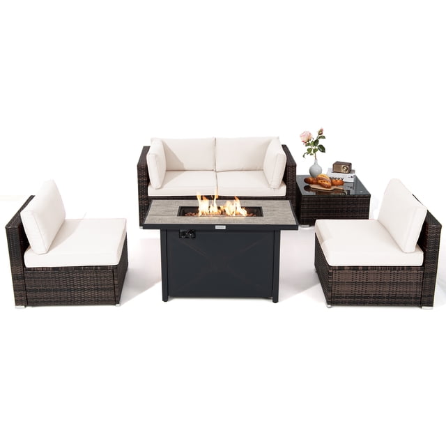 Patiojoy 6-piece outdoor PE rattan wicker sectional sofa set with off-white cushions, a 42-inch 60,000 BTU propane fire pit table with ceramic tabletop, and a tempered glass coffee table. This patio conversation set includes two corner sofas, two armless sofas, and a coffee table, all made with all-weather PE rattan and a rustproof steel frame. The fire pit table features a simple ignition system, CSA and ETL safety approvals, and a waterproof cover for year-round use.
