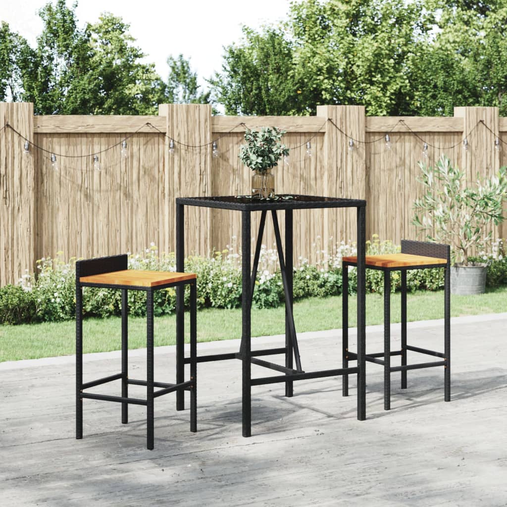vidaXL Table de Bar avec Dessus en Verre Noir 70x70x110 cm Rotin Poly