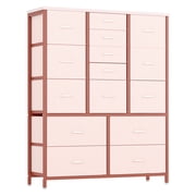 15 Drawers Fabric Dresser for Bedroom, Tall Vertical Storage Dresser & Chests of Drawers, Storage Drawer Organizer w/Metal Frame, Wooden Top for Closet, Bedroom, Living Room, Entryway (Pink)