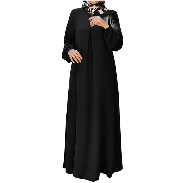 Robe Abaya Musulmane pour Femmes à Manches Longues, Robe Islamique avec Poches, Vêtements de Prière Maxi, Élégante Robe Longue de Fête en Noir. Cette Abaya Modeste Pleine Longueur Présente des Manches Longues, une Coupe Ample et un Tissu Doux et Respirant. Idéale pour les Prières, les Célébrations de l'Aïd, les Événements Formels et les Jours Fériés.