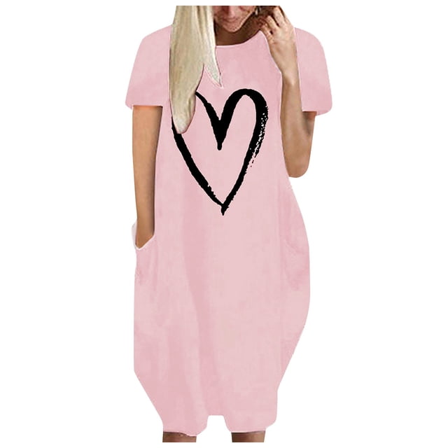 Pisexur Robe Maxi pour Femme Grande Taille Été Décontractée à Imprimé Cœur à Manches Courtes Col Rond Ample Unie Chemise de Nuit Plissée Robe de Sommeil Confortable avec Poches