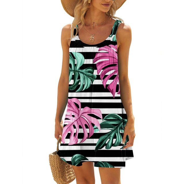 Ovzne Robes d'Été pour Femmes 2025 Robe de Plage pour Femme Col Rond Sans Manches Dégradé Robe de Plage Teinture sur Nœuds Robe Grande Taille Liquidation