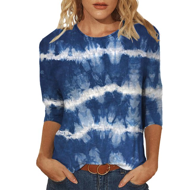 Pompotops Mode Femme T-shirt Imprimé Mi-Longueur Manches 3/4 Blouse Col Rond Hauts Décontractés Liquidation