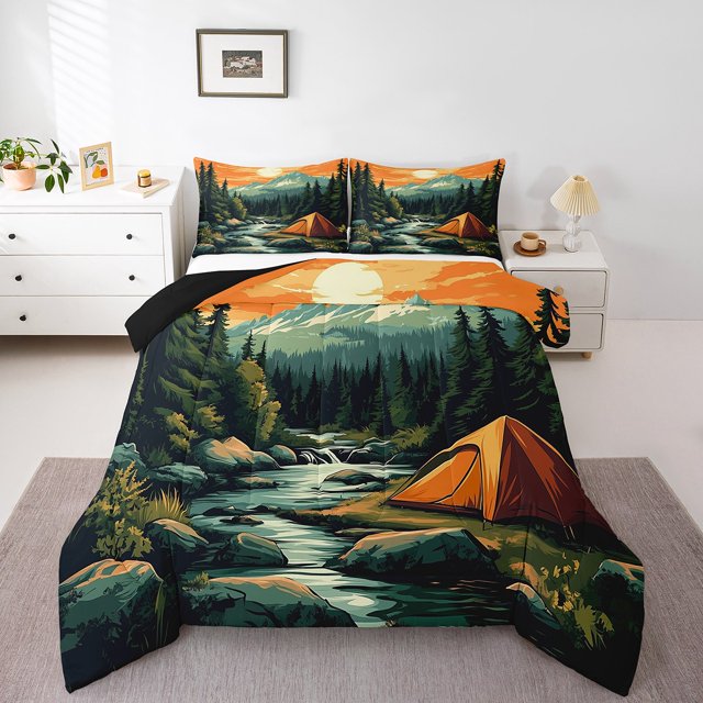 Erosebridal Camping Theme Bedding Queen Comforter Set, Jungle Adventure Duvet Insert, Reversible 3-Piece