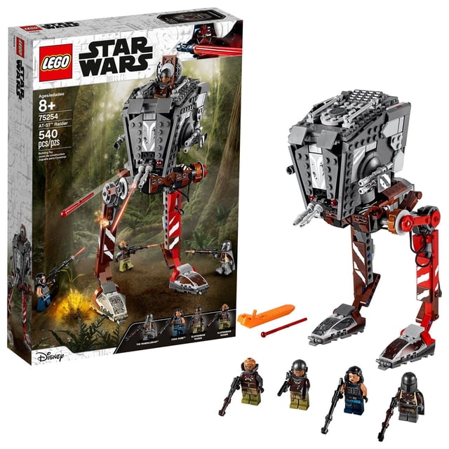 LEGO Star Wars AT-ST Raider 75254 Toy Building Kit (540 Pieces) 3/4 frontal view of a brick-built AT-ST Raider walker with cannibalized panels, jointed posable legs, wheel-activated turning turret and opening canopy revealing a cockpit for one minifigure; includes 2 firing shooters and four minifigures (The Mandalorian, Cara Dune, two Klatooinian Raiders). Measures about 9” (25cm) high. Also suitable as a display model or diorama centerpiece.